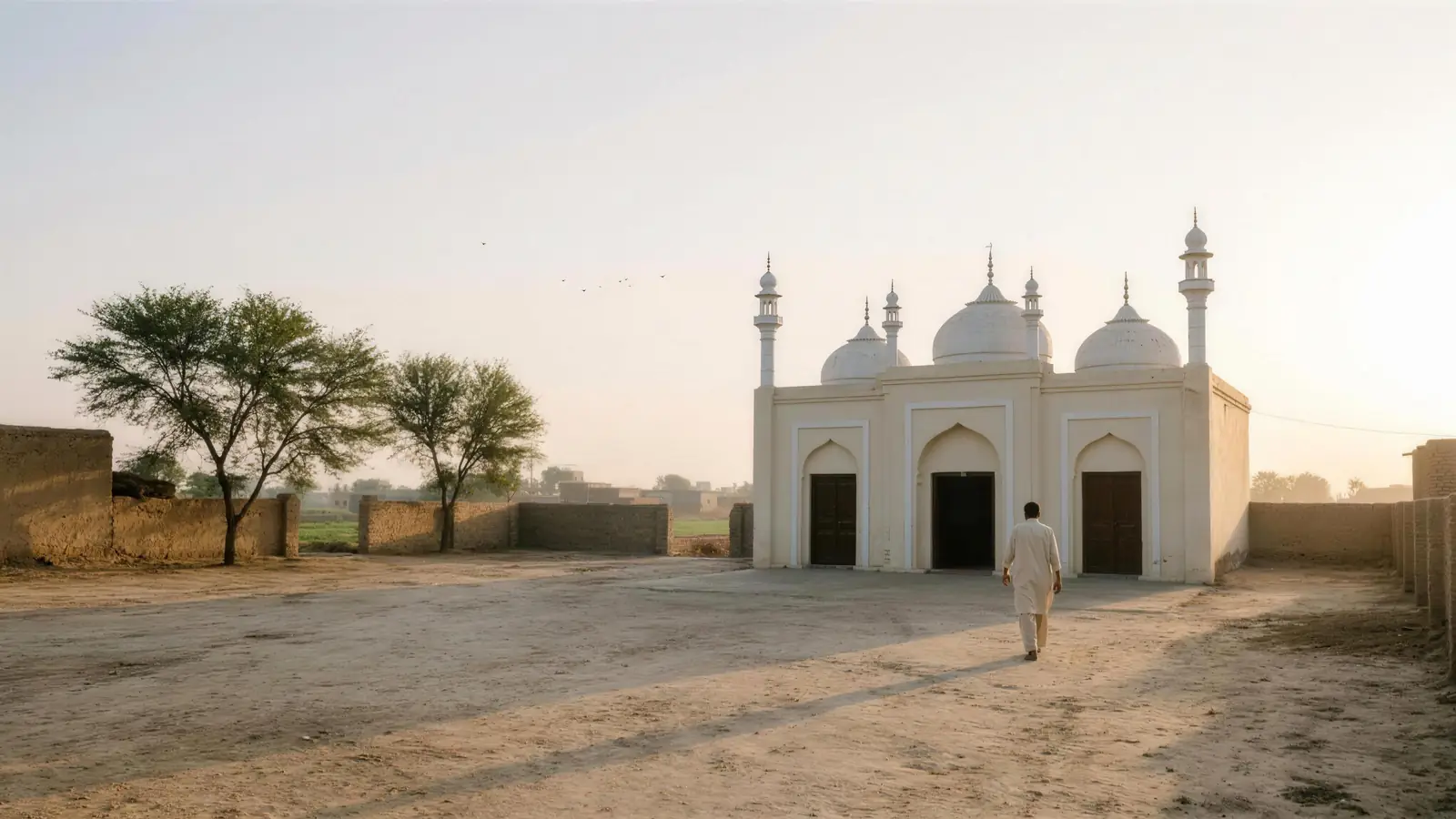 A village masjid at first light, with a man walking to the door